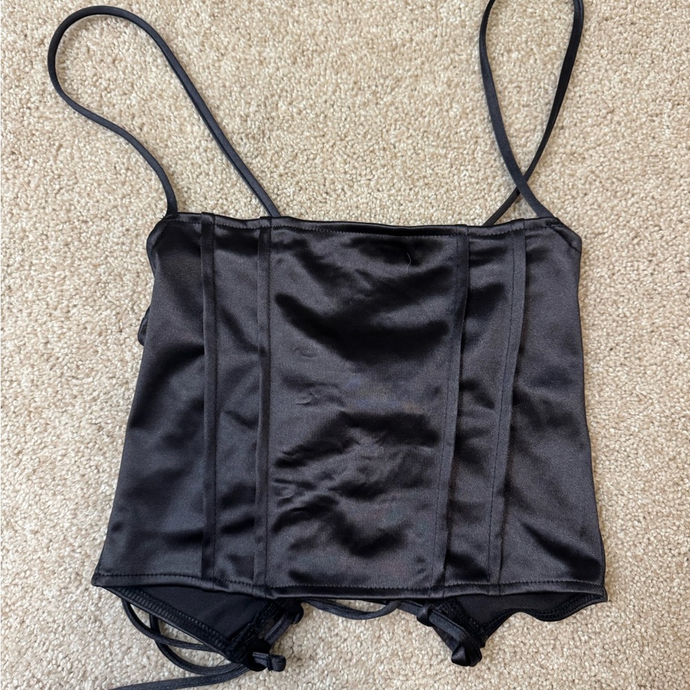 DIVIDED black satin lace back tank, XS. New